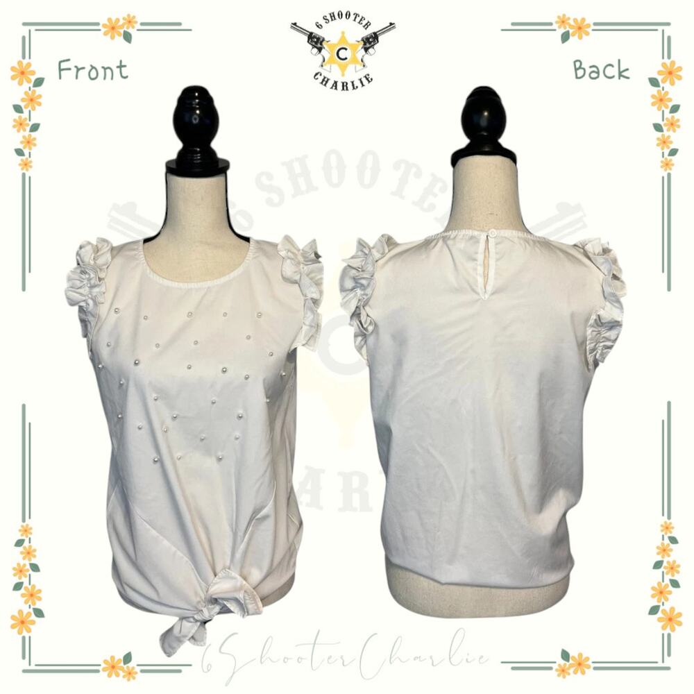 Vivid Importers of NY Tie Front Pearl Blouse Womens Sz Small White Ruffle Sleeve
